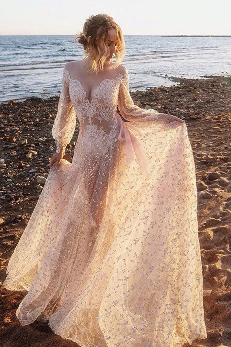 Hollow Elegant Long sleeved Lace Applique Straight Ball Evening Dress