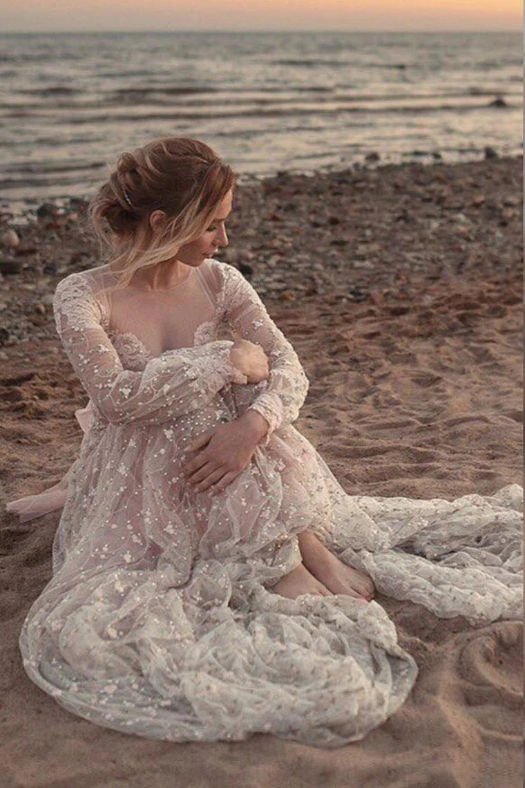 Hollow Elegant Long sleeved Lace Applique Straight Ball Evening Dress