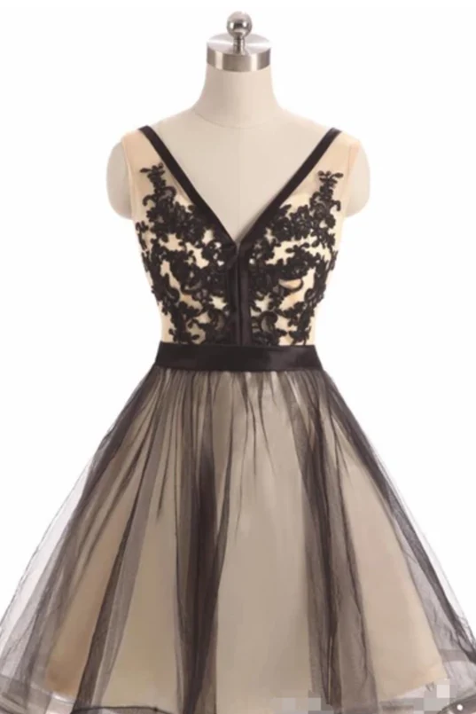 Perspective Black Lace Short Dress A-line V-neck Retro Back to School Dress
