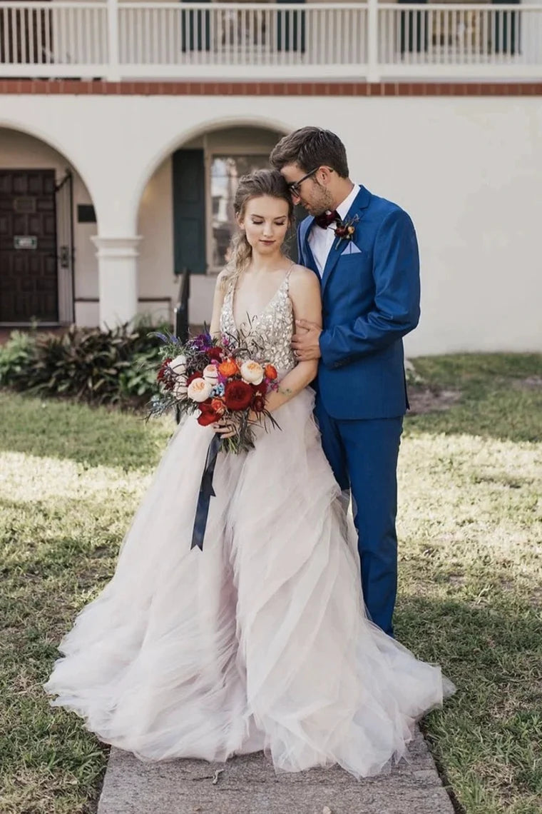 Sexy A-line sheer sleeveless deep V-neck beaded tight Italian spaghetti strap beach bride dress