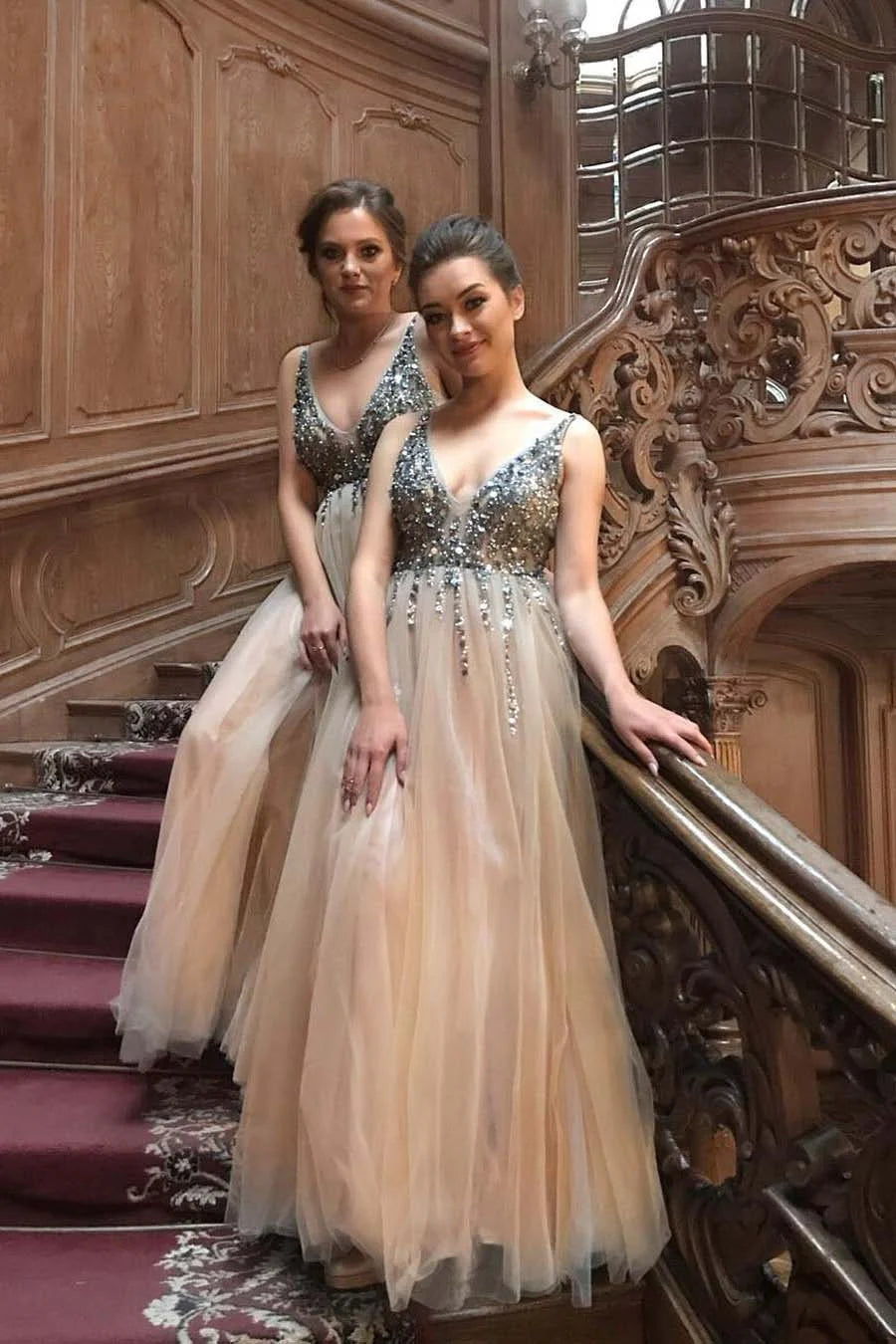 Sexy A-line V-neck sheer ball beaded spaghetti strap formal dress