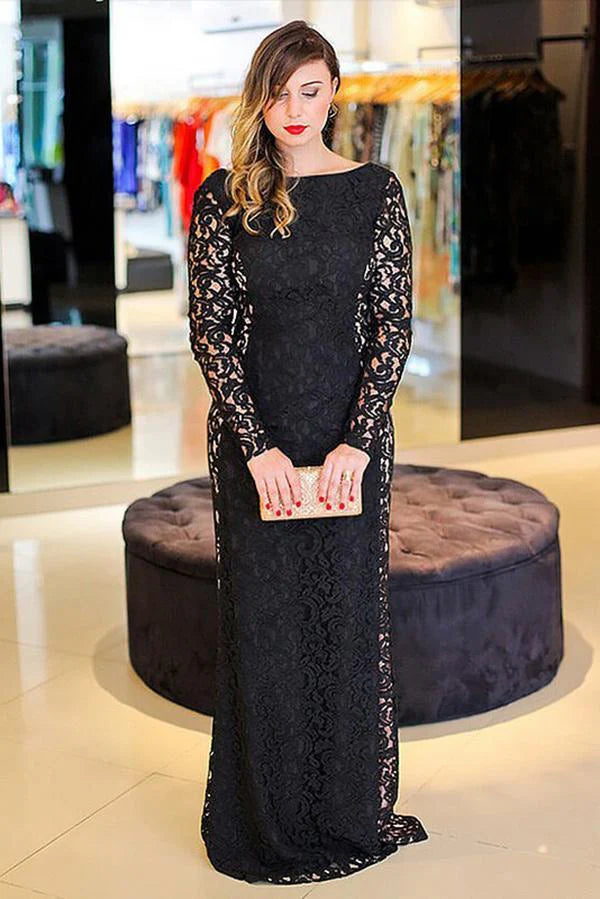 Sexy black lace long sleeved high necked floor mopping backless plus size ball dress