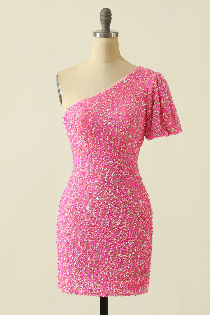 Sexy elegant fitted sequin one shoulder return party dress