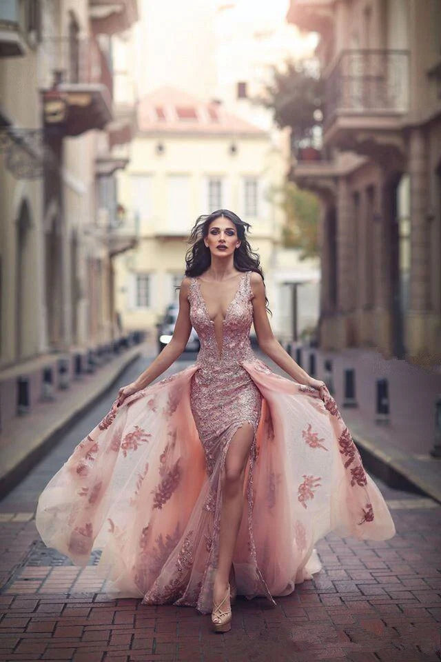 Sexy Deep V-neck Mermaid Tulle Lace Applique Front Split Princess Ball Cocktail Dress