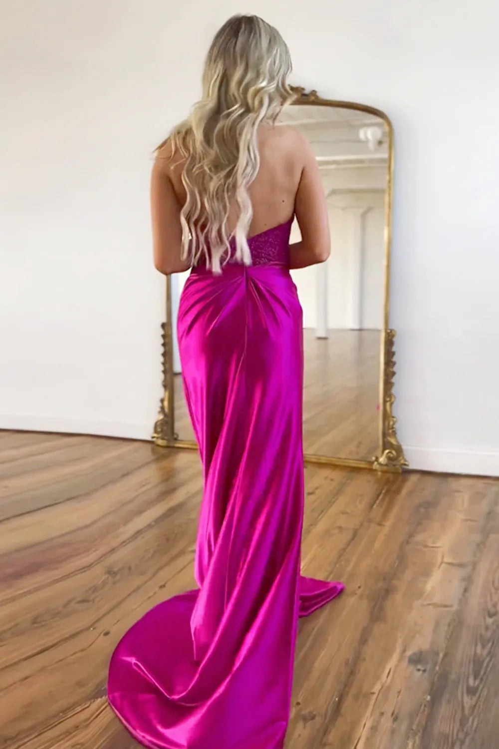 Sexy slim fit purple red deep V-neck mermaid long satin ball dress