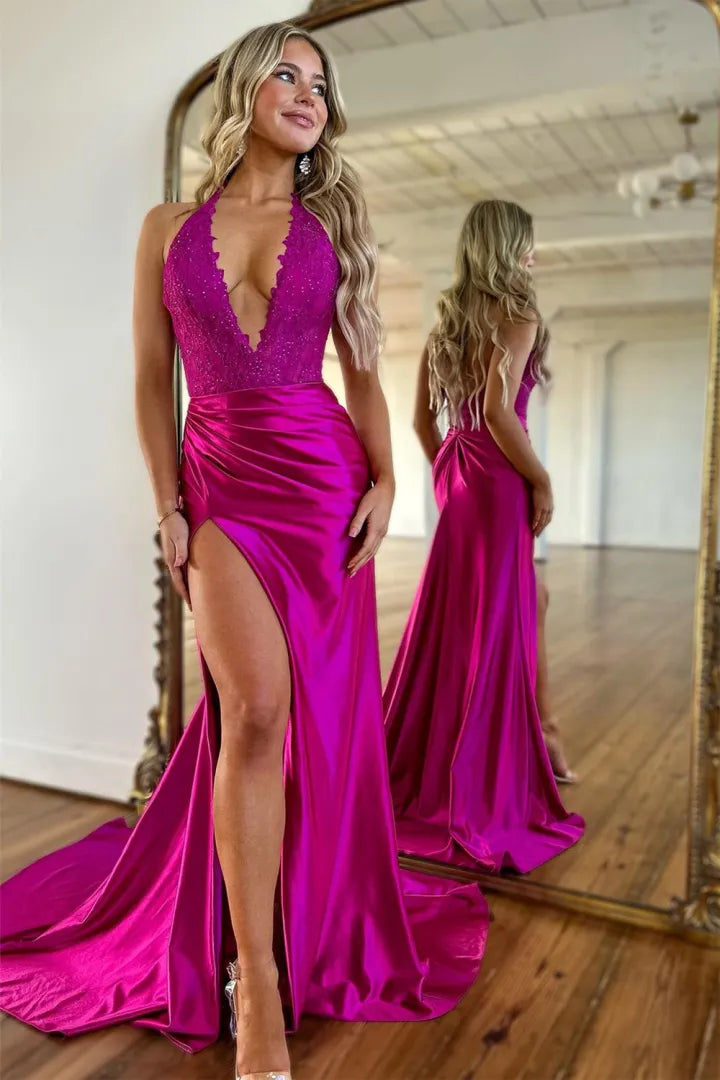Sexy slim fit purple red deep V-neck mermaid long satin ball dress