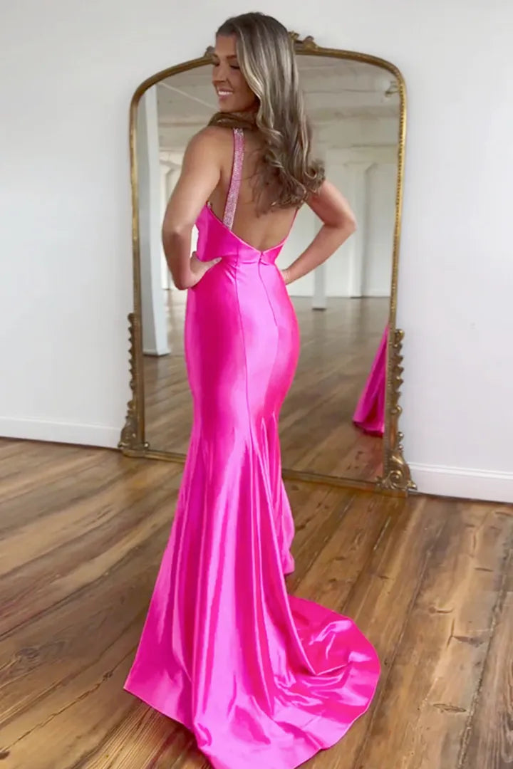 Sexy slim fit purple red mermaid long satin ball dress with beads and slit