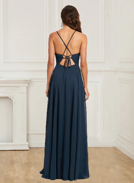 Sexy backless hanging neck evening dress with A-line sticker chiffon dress