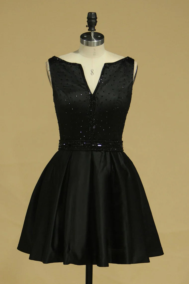 Sexy backless beaded satin A-line short mini Hoco dress