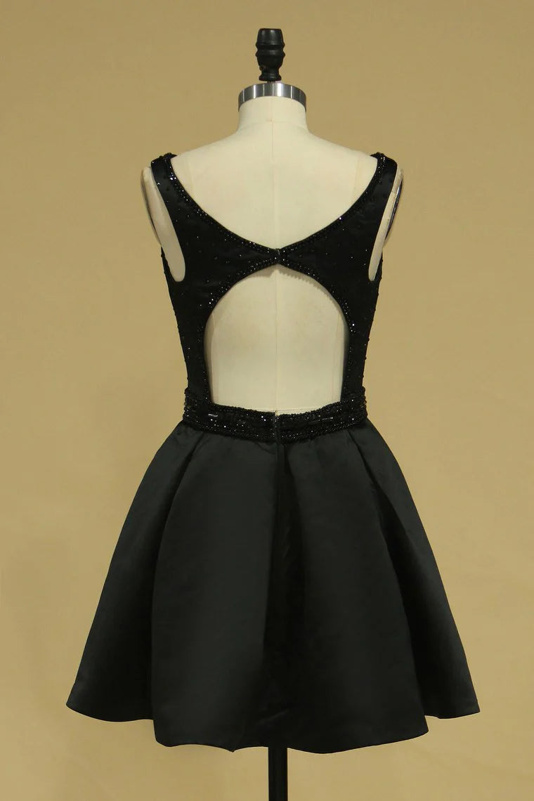 Sexy backless beaded satin A-line short mini Hoco dress