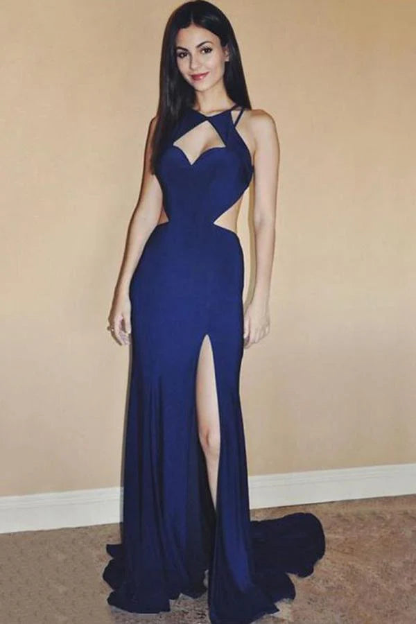 Sexy Royal Blue Snow Spin Sleeveless Open Front Split Long Ball Evening Dress