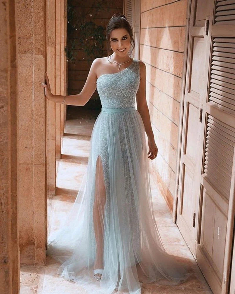 Sexy sequins and sheer sleeveless one shoulder dance dress with side slits shining brightly
