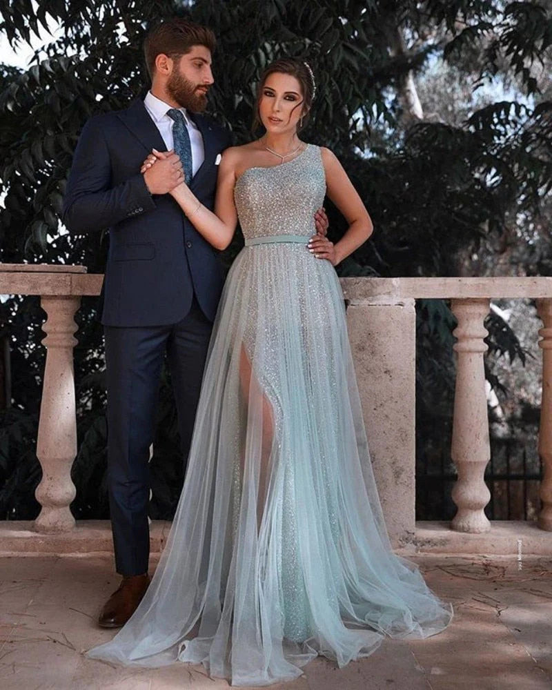 Sexy sequins and sheer sleeveless one shoulder dance dress with side slits shining brightly