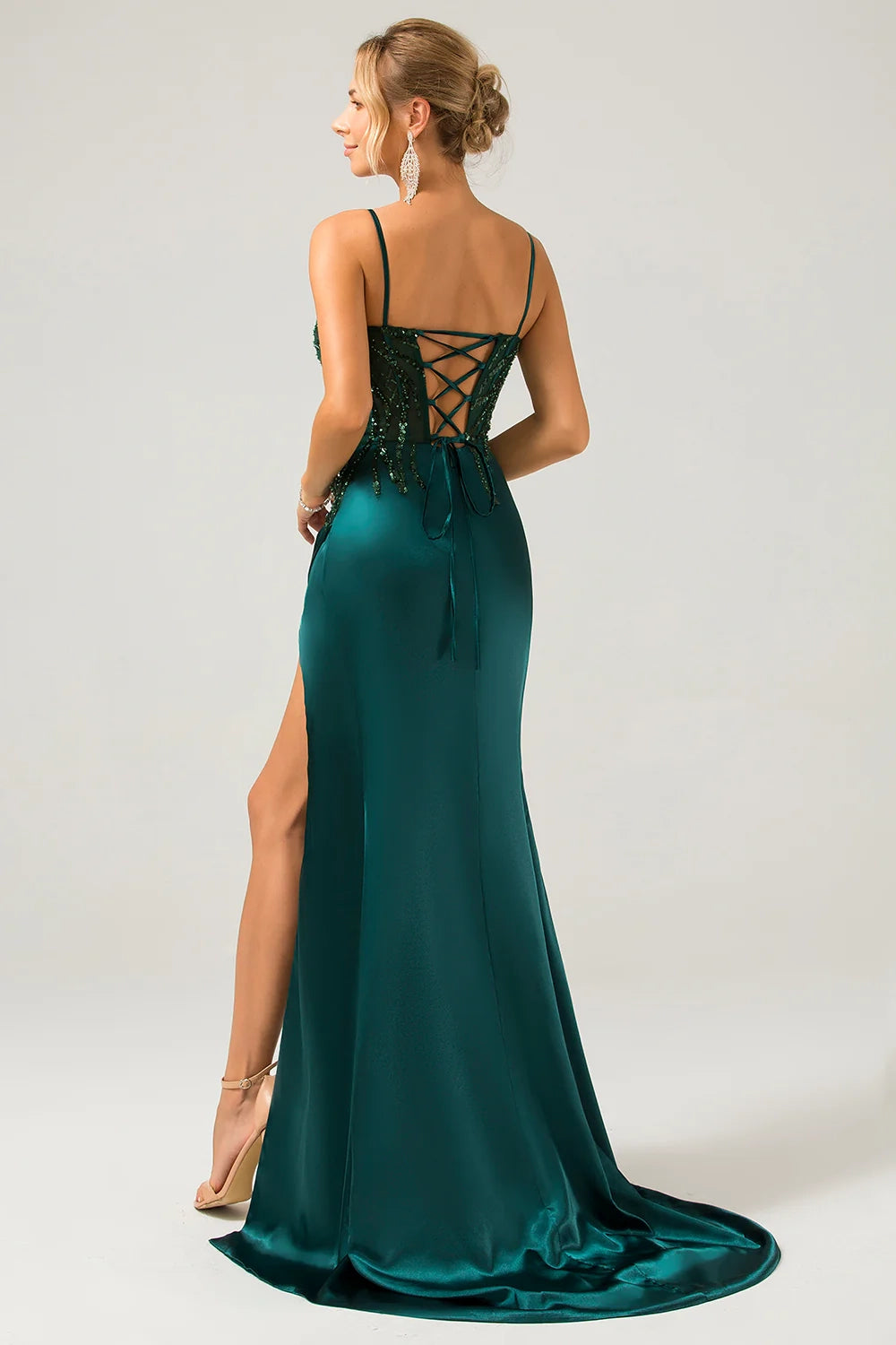 Sexy mermaid slim shoulder strap pleated sequin slit bridesmaid dress