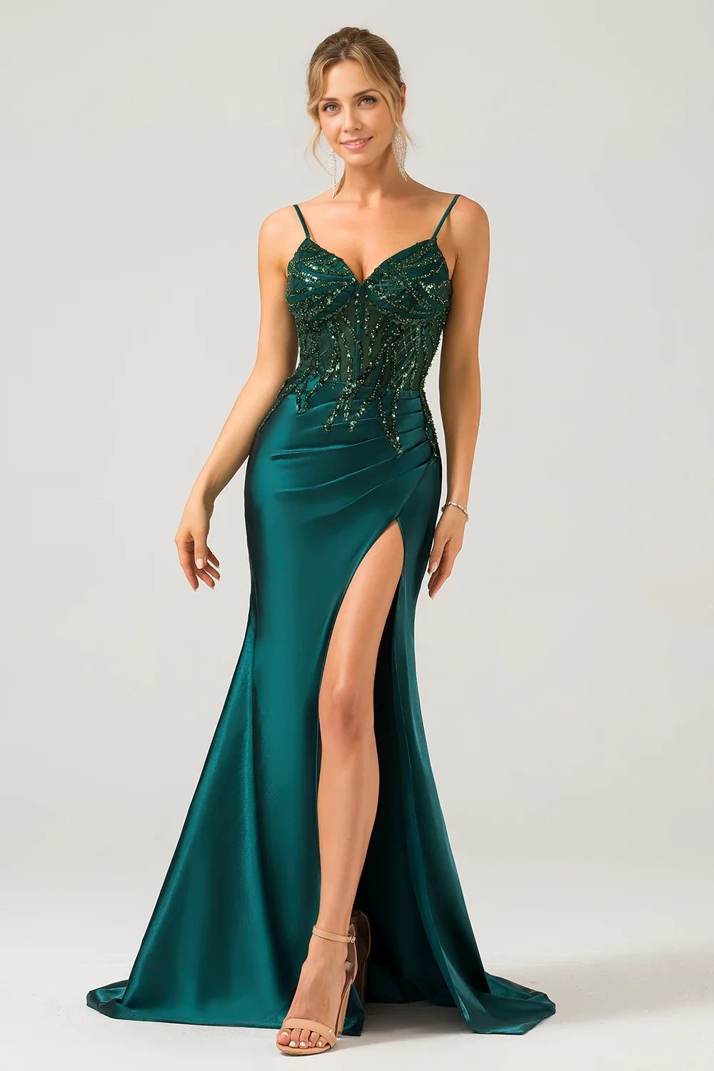 Sexy mermaid slim shoulder strap pleated sequin slit bridesmaid dress