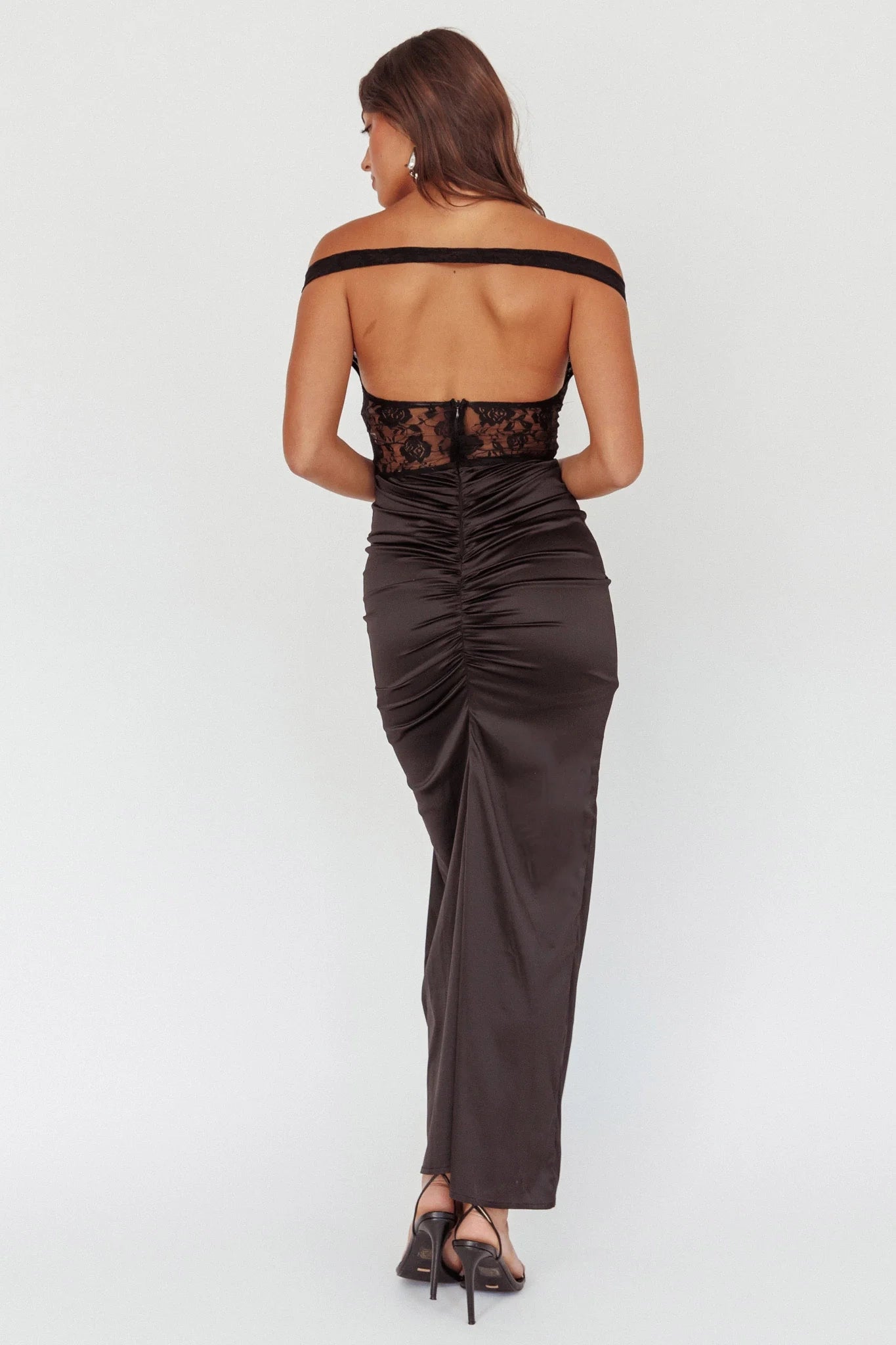 Sexy ruffled tight fitting mid length lace corset bridesmaid dress