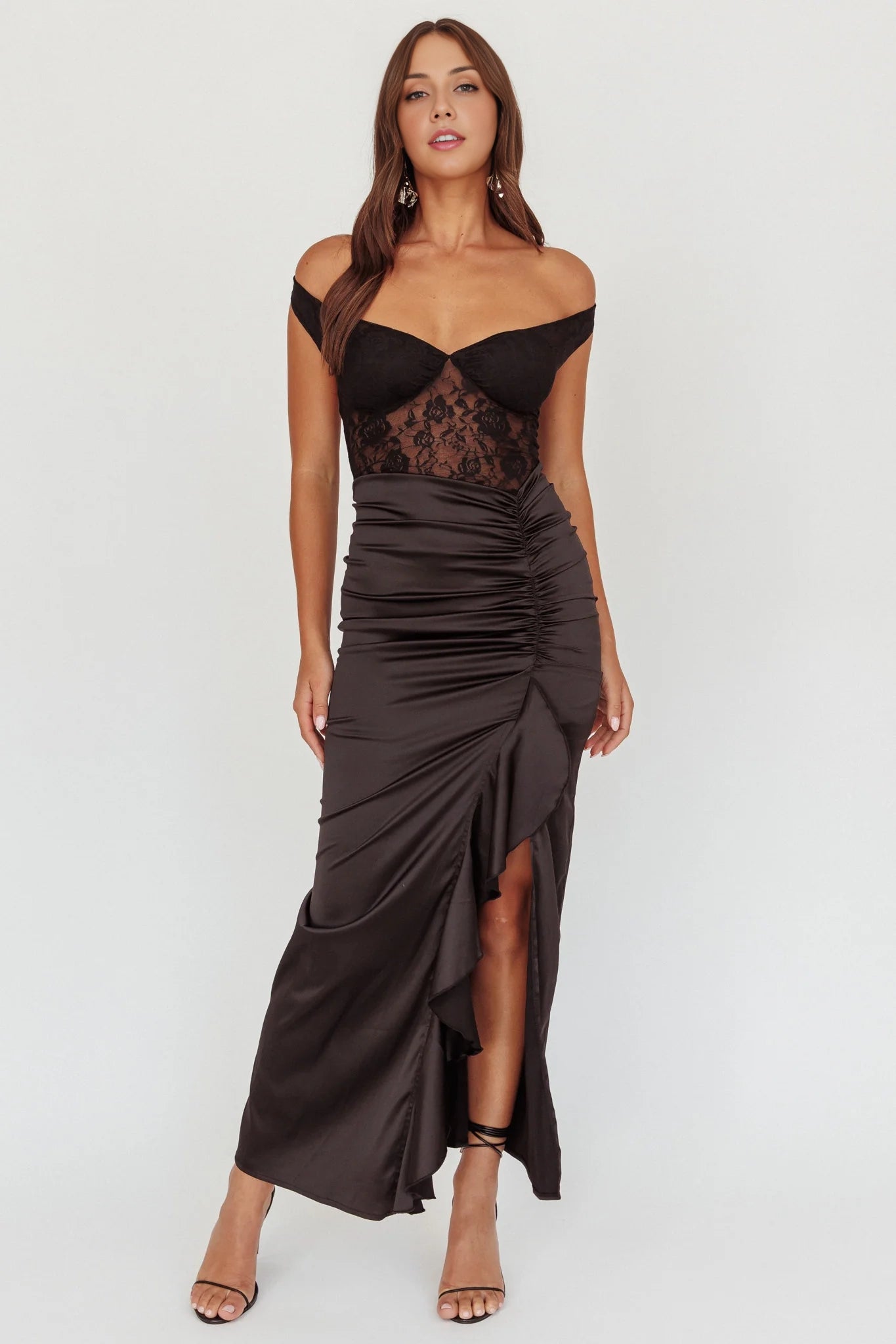 Sexy ruffled tight fitting mid length lace corset bridesmaid dress