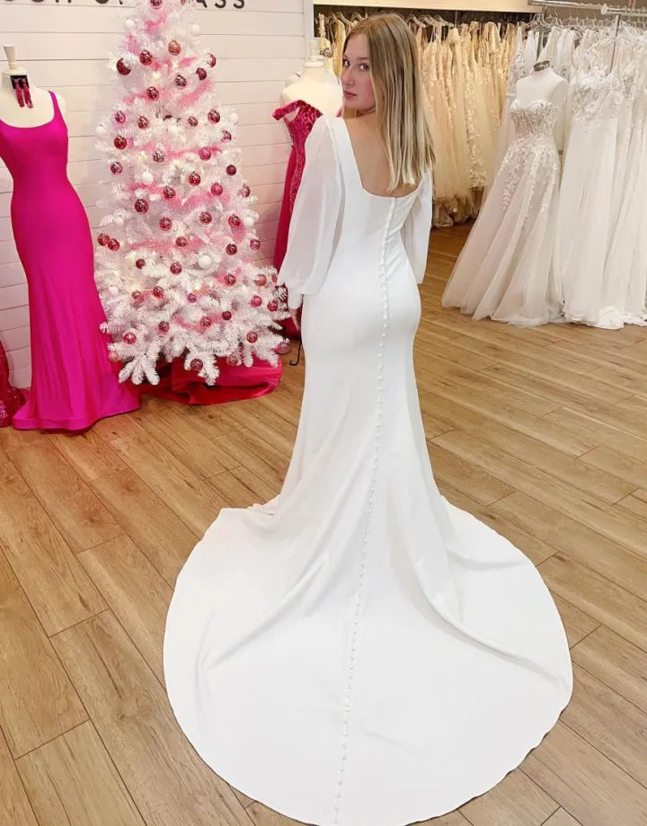 Sheath column square collar sweet and elegant long sleeved high-end satin formal wedding dress