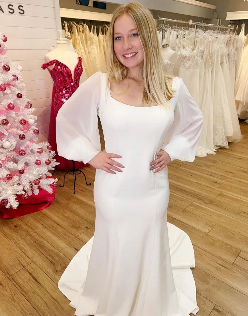 Sheath column square collar sweet and elegant long sleeved high-end satin formal wedding dress