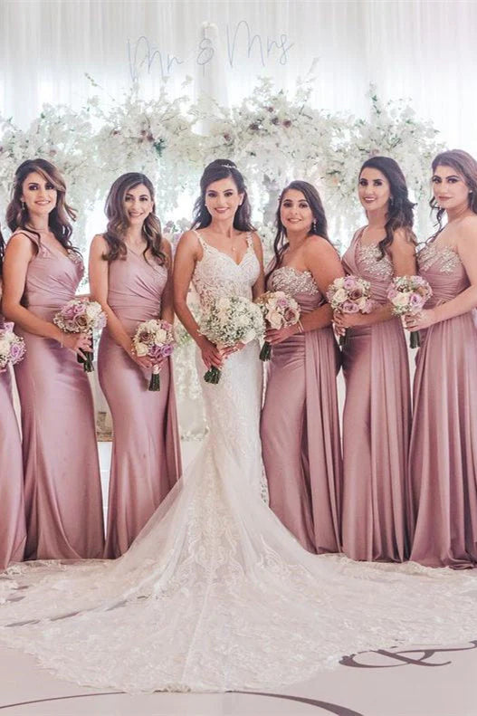 Elastic satin single shoulder beaded long party bridesmaid dress