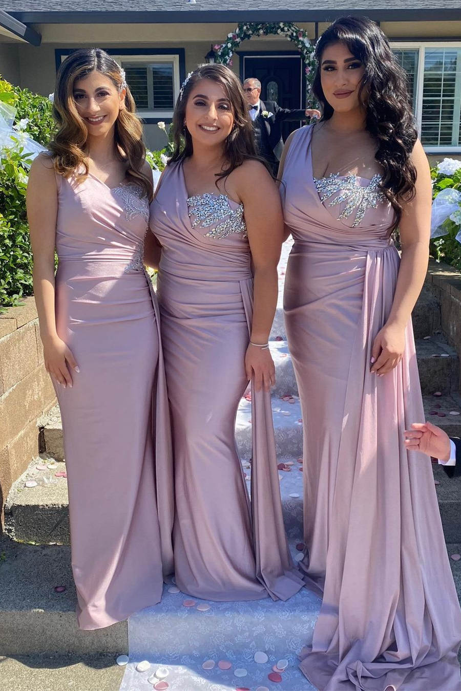 Elastic satin single shoulder beaded long party bridesmaid dress