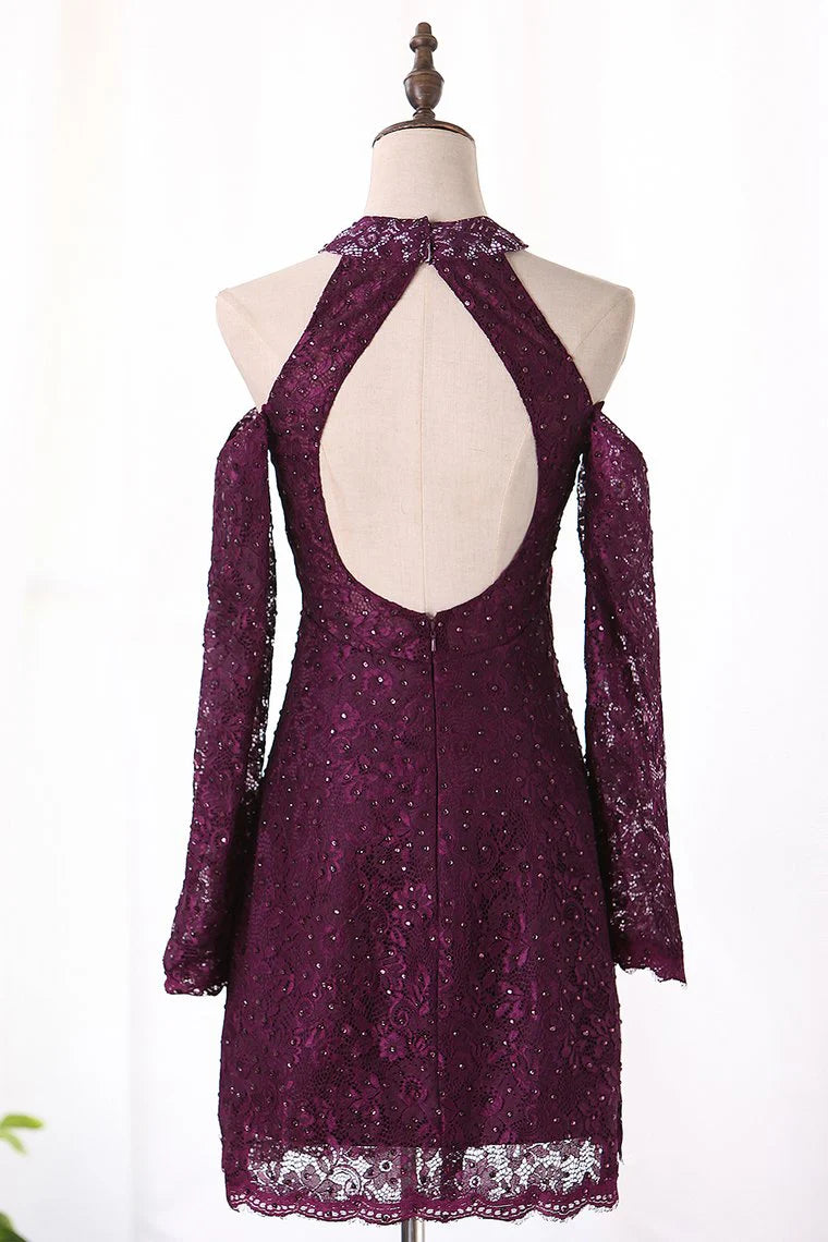 Elegant beautiful slim fit high neckline lace up dress with exposed back and long sleeves