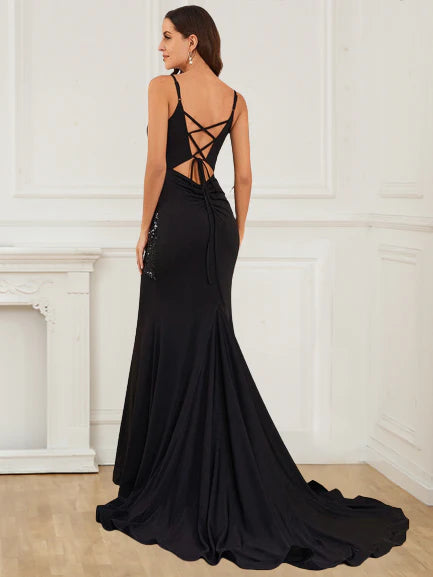 Sexy hollow thin shoulder strap long shiny backless minimalist ball dress