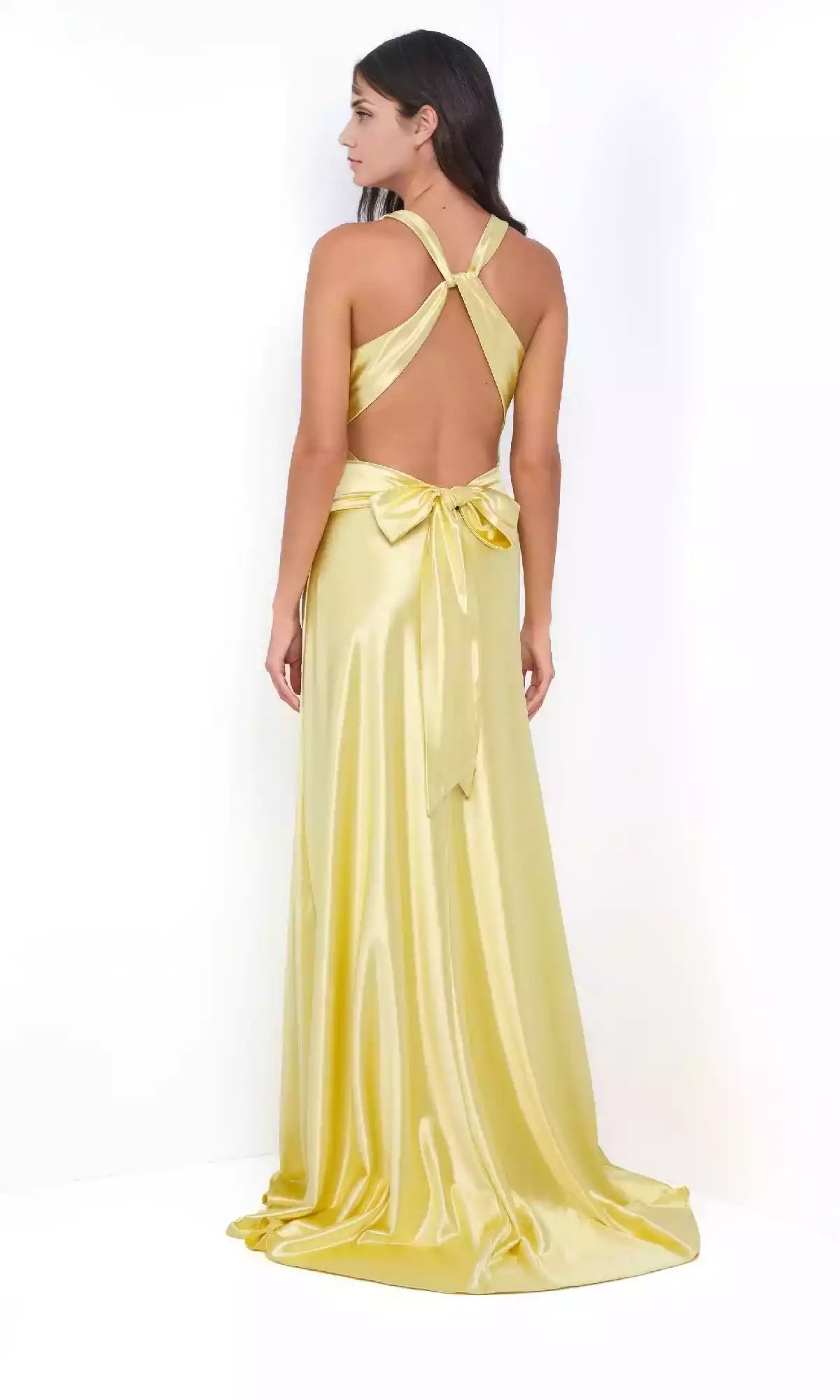 Shiny and luxurious satin V-neck with twisted details, high waistline, backless shoulder straps interwoven, Prom Dresses