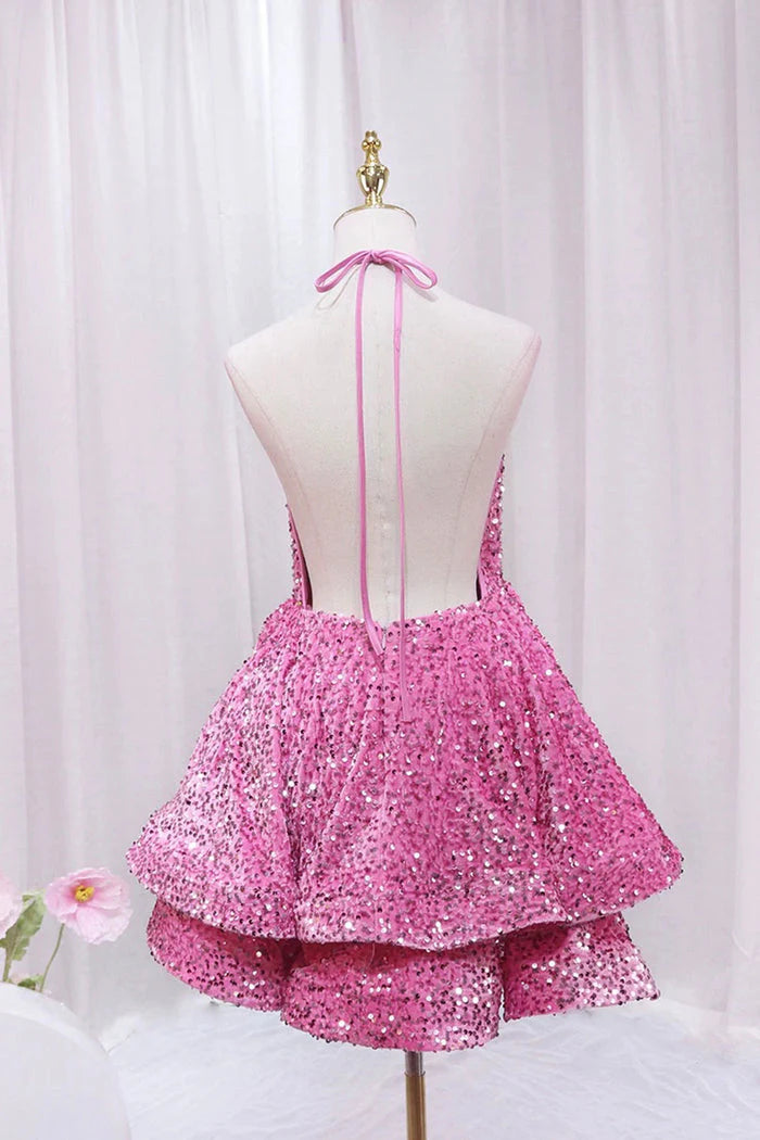 Sequin V-neck shiny short mini return party dress