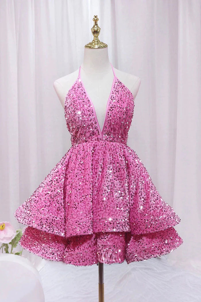 Sequin V-neck shiny short mini return party dress