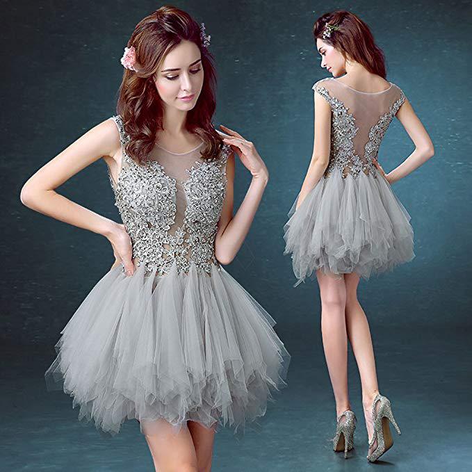 Sexy see-through lace tulle grey encore party with sequined cocktail dress