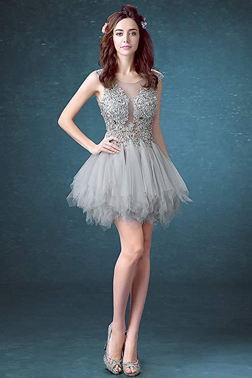 Sexy see-through lace tulle grey encore party with sequined cocktail dress