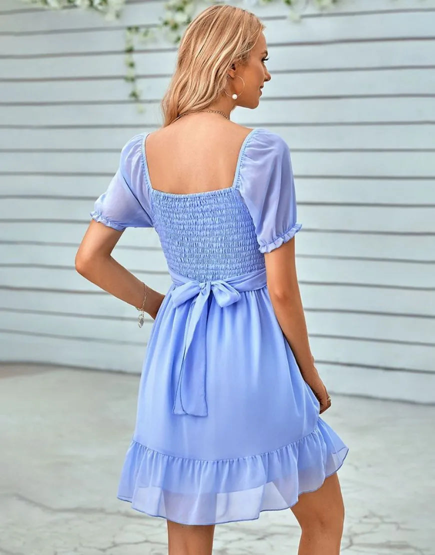 Short sleeved elegant and sweet V-neck graduation dance party dress belt
