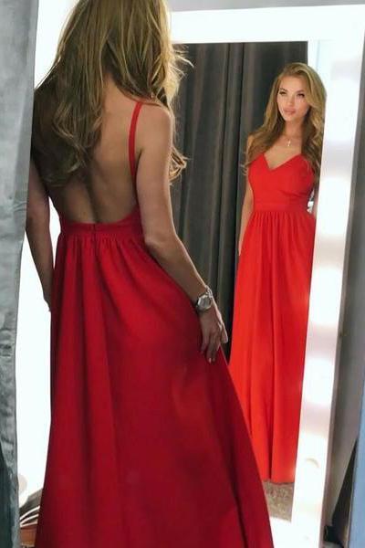 A simple A-line red spaghetti strap V-neck backless ball dress