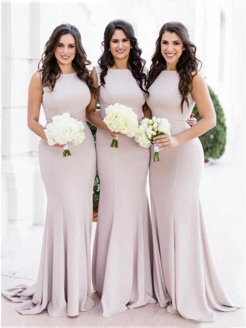 Simple mermaid elastic satin sweeping powder blusher bridesmaid wedding dress