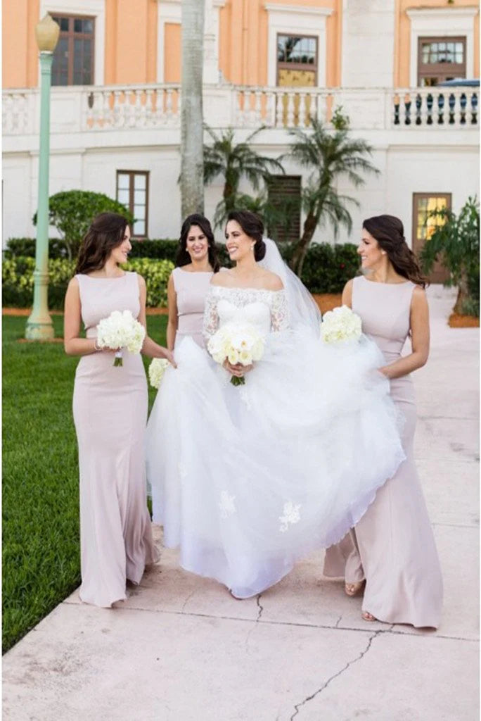 Simple mermaid elastic satin sweeping powder blusher bridesmaid wedding dress