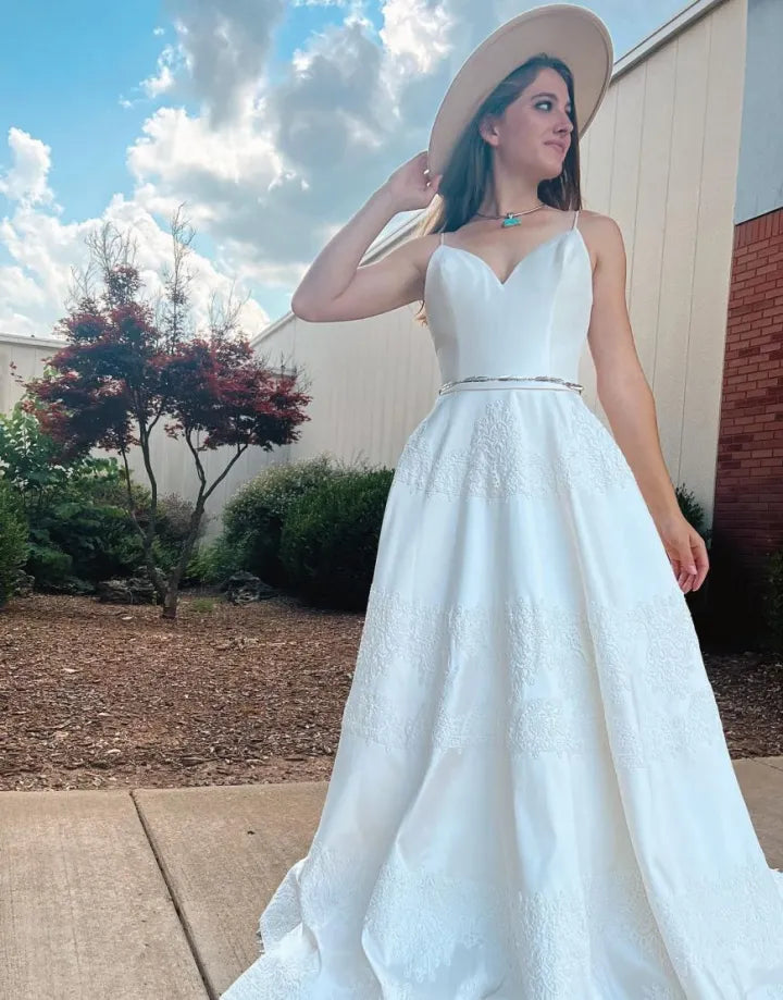 Simple and Elegant A-line Italian Noodle Strap Satin Wedding Dress with Belt