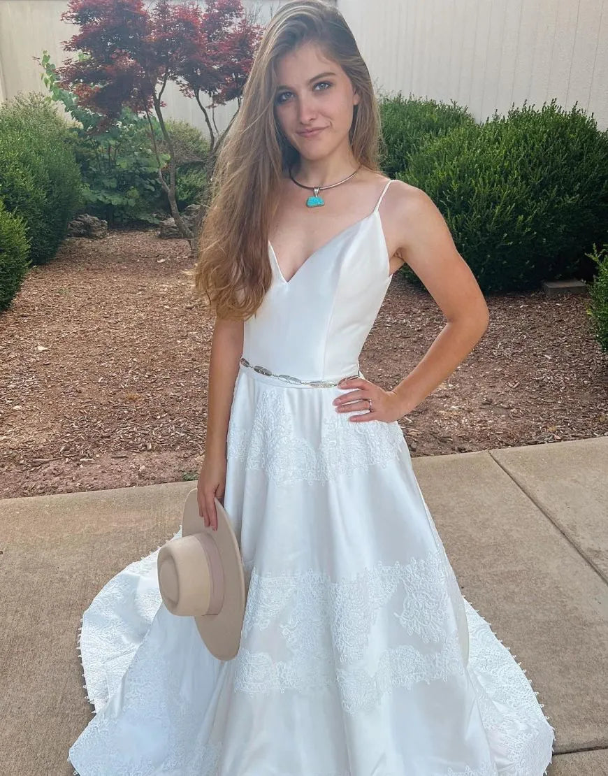Simple and Elegant A-line Italian Noodle Strap Satin Wedding Dress with Belt