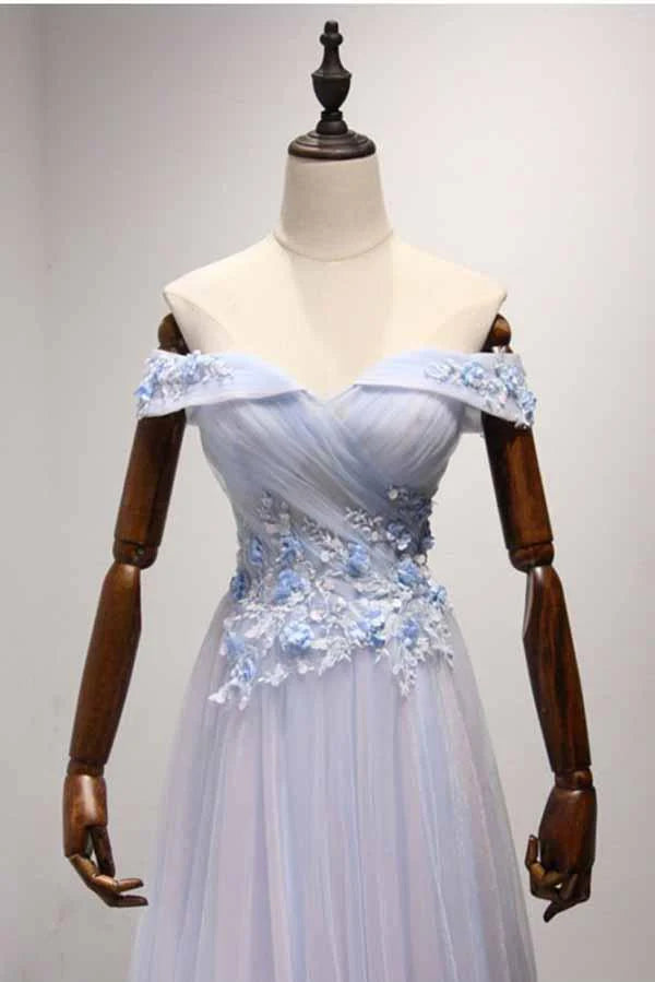 Sky Blue A-line Off Shoulder Floor Tulle Ball Dress with Lace