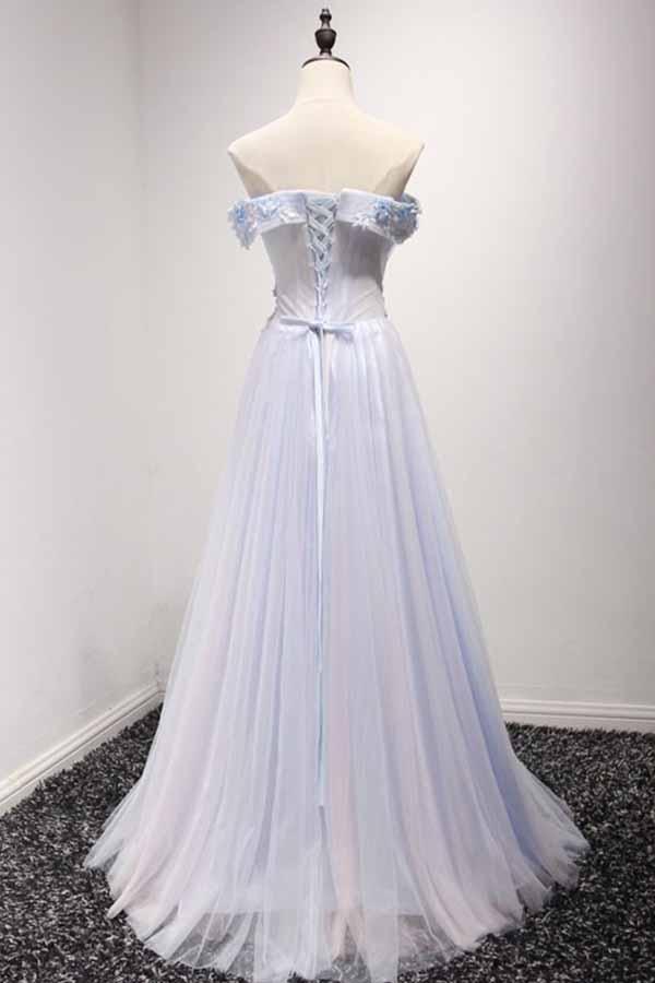 Sky Blue A-line Off Shoulder Floor Tulle Ball Dress with Lace