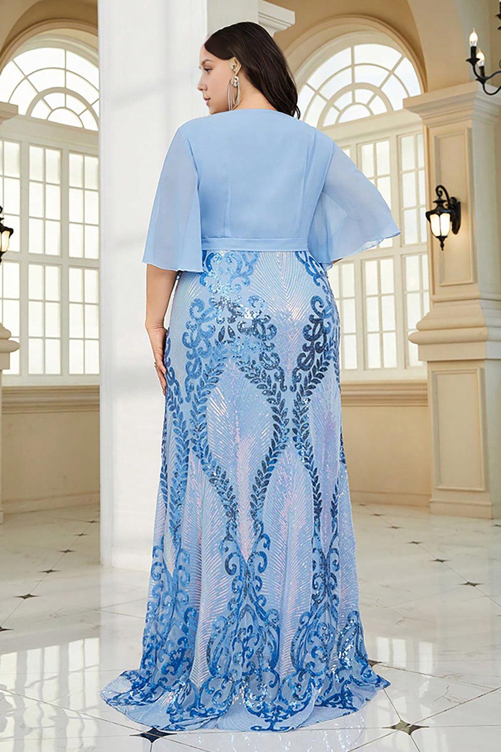 Sparkly Blue Plus Size Floor Length Mother of the Bride Dress With Short Sleeves