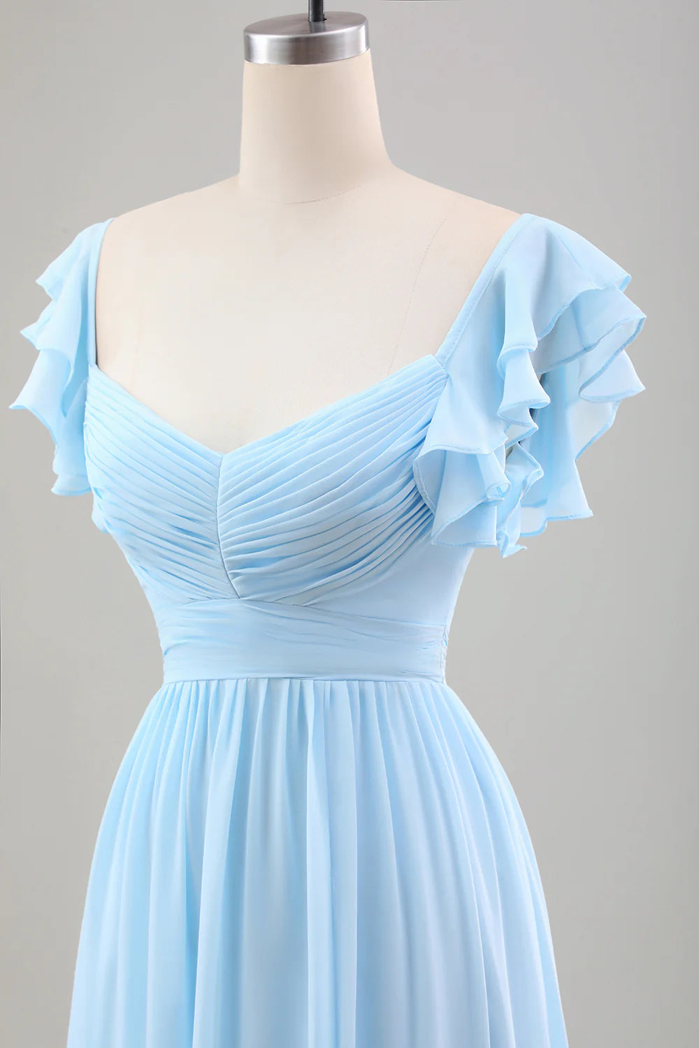 A Line Chiffon Pleated Tea-Length Dress with Ruffle Sleeves