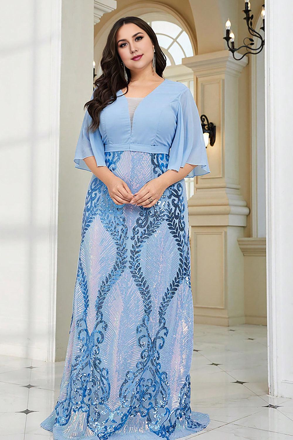 Sparkly Blue Plus Size Floor Length Mother of the Bride Dress With Short Sleeves