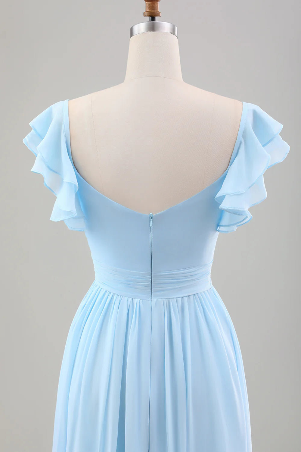 A Line Chiffon Pleated Tea-Length Dress with Ruffle Sleeves