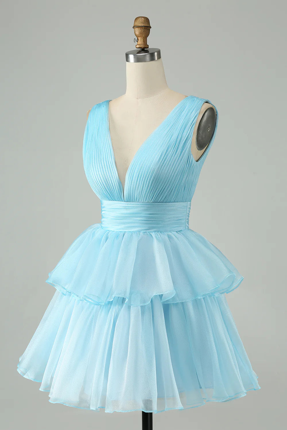 Sky Blue A Line V Neck Backless Pleated Tiered Short Homecoming Dress