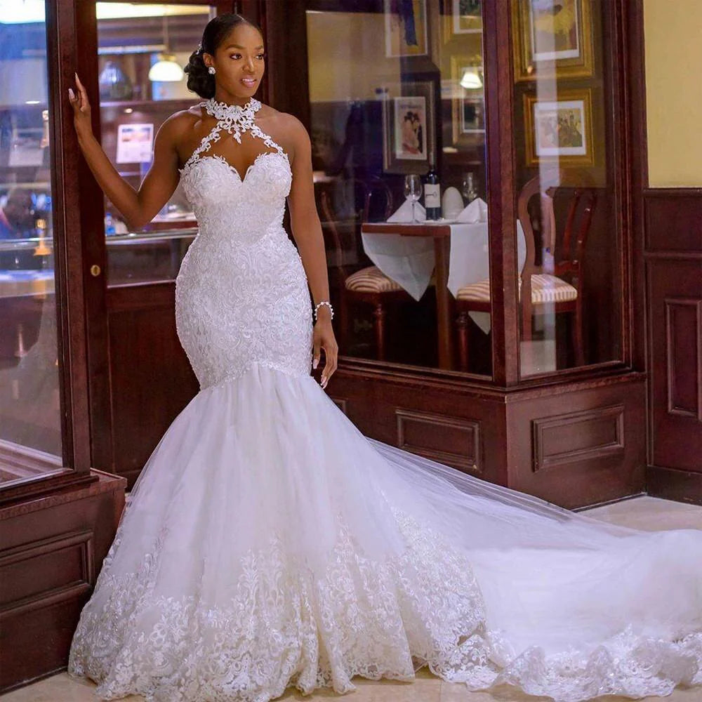 Sleeveless high necked lace wedding dress with mermaid beads lace stickers wedding dress