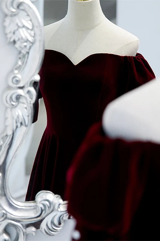 Burgundy Velvet Short Sleeves Long Evening Dress