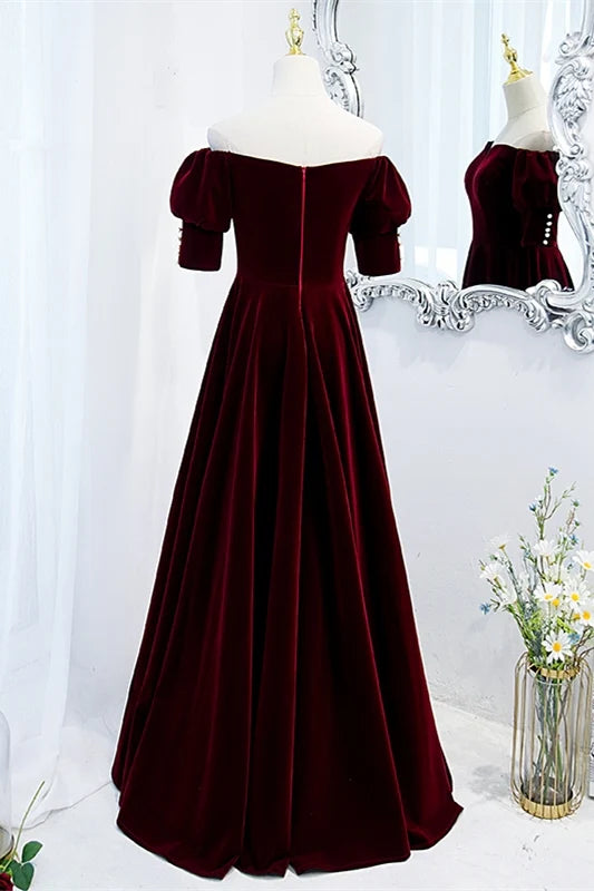 Burgundy Velvet Short Sleeves Long Evening Dress