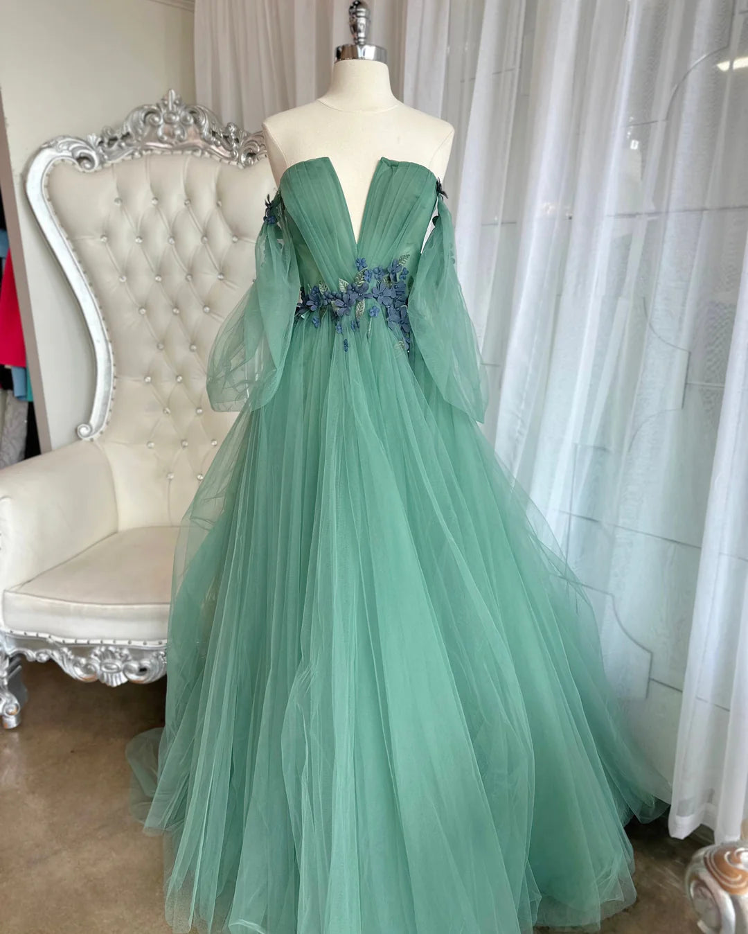 Sexy and elegant off the shoulder dance dress adorned with inlaid thin gauze lines