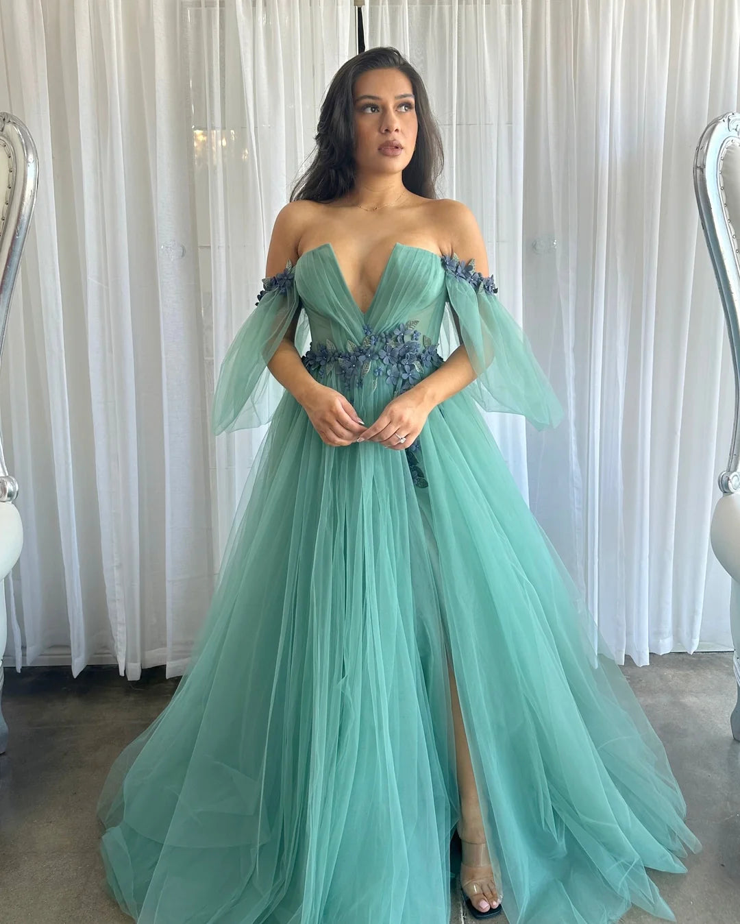 Sexy and elegant off the shoulder dance dress adorned with inlaid thin gauze lines